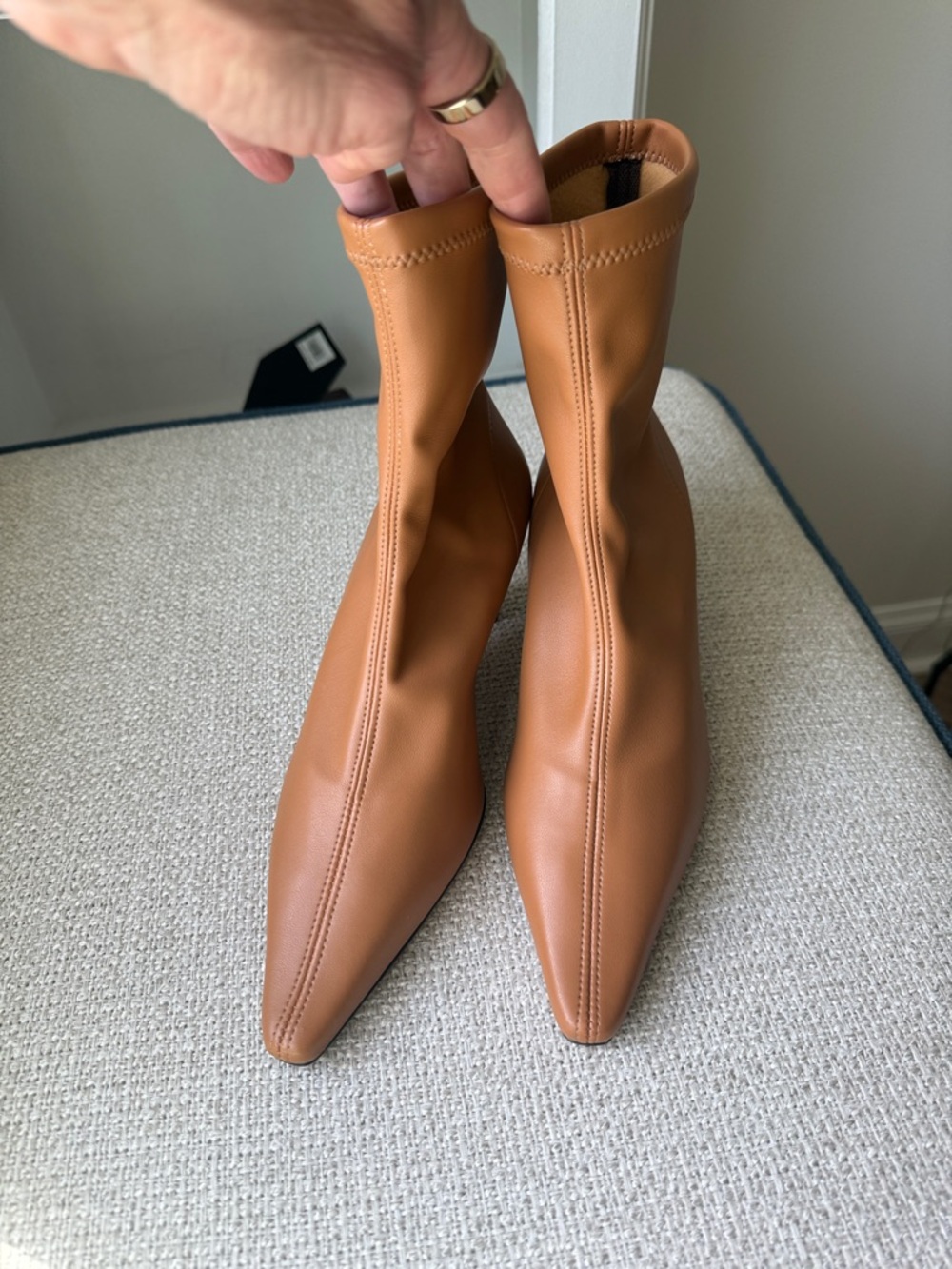Stretch Leather-Look Ankle Boots in Tan